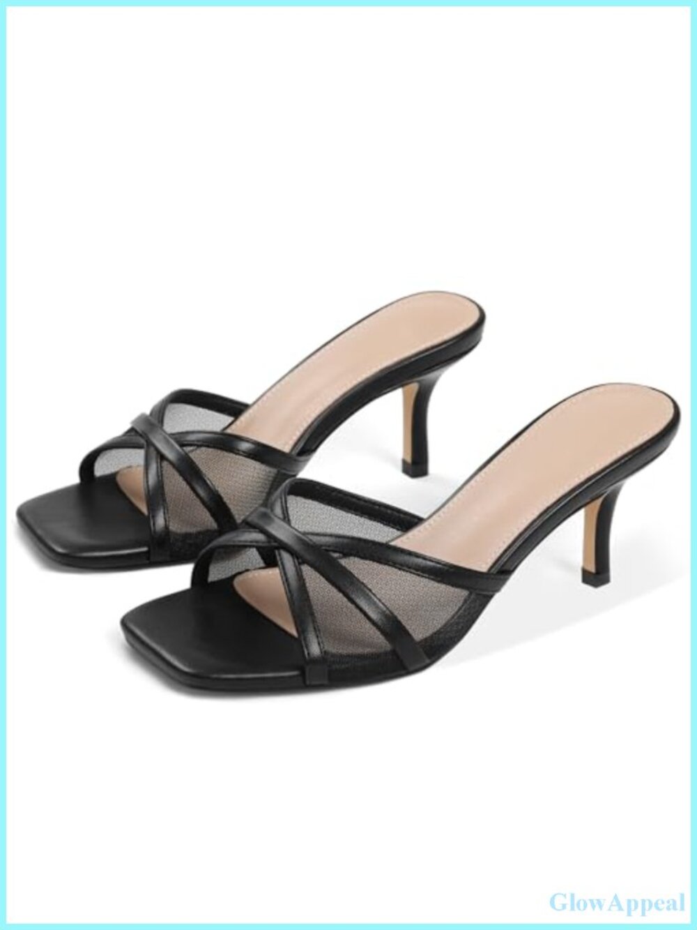 Mesh Mule Heeled Sandals, Kitten Heel, Square Open Toe, PU